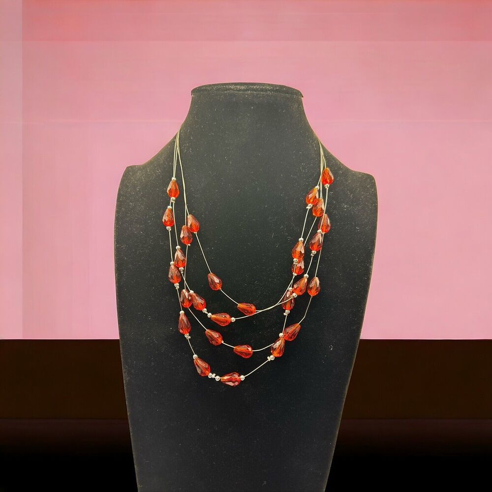 Vintage Multi Strand Red Beaded Silver Tone Necklace Jewerly Costume Fashion